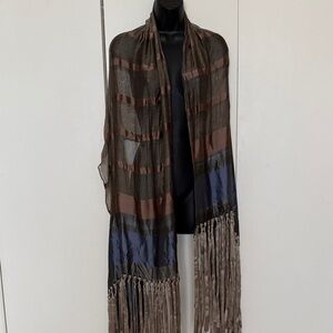 Giorgio Armani Silk Striped Fringe Scarf in Brown, Blue, and Taupe